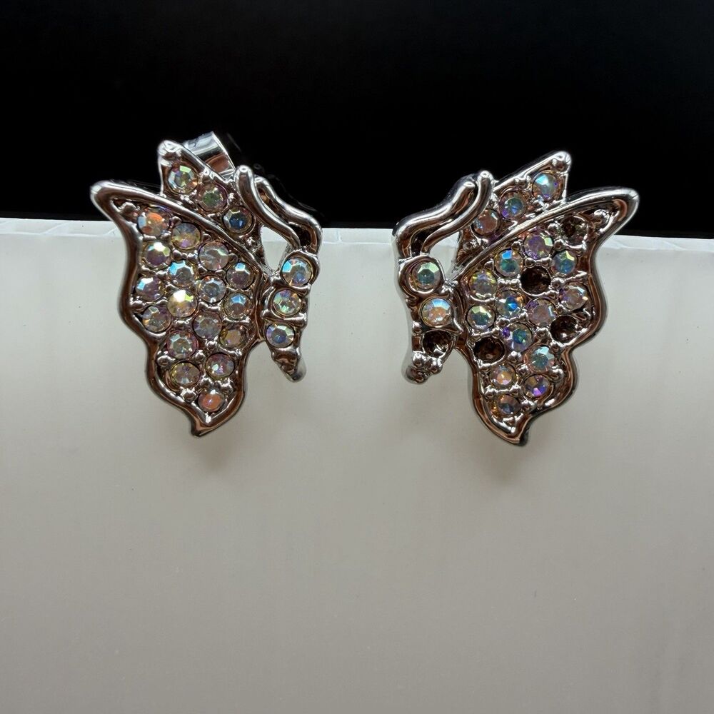 Silver Butterfly Stud Earrings Rainbow AB Rhinestone Crystal Pave Insect Vintage